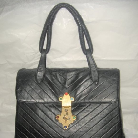 ❤️ HARRY ROSENFELD XL Black Soft Quilted V Leather Cabachon Top Handle Bag - Picture 3 of 15